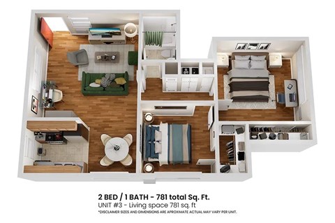 A floor plan of a living space with two bedrooms and one bathroom.